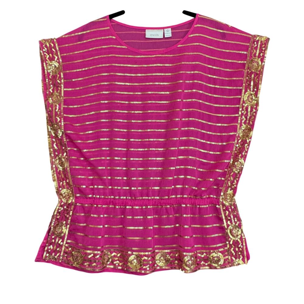 Chico's Fuchsia Blouse with Gold Embellished Trim